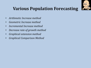 Various Population Forecasting
• Arithmetic Increase method
• Geometric Increase method
• Incremental Increase method
• Decrease rate of growth method
• Graphical extension method
• Graphical Comparison Method
 