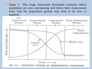 • Stage 5 This stage represents developed countries where
population are now reproducing well below their replacement
level. And the population growth may tend to be zero or
negative.
 