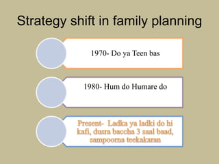 Strategy shift in family planning
1970- Do ya Teen bas
1980- Hum do Humare do
 