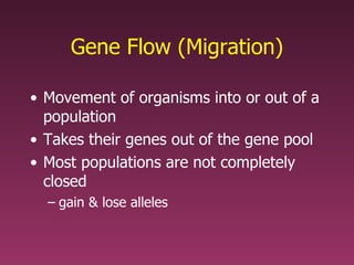 Gene Flow (Migration) Movement of organisms into or out of a population Takes their genes out of the gene pool Most populations are not completely closed gain & lose alleles 