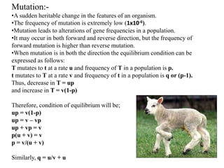 Mutation:-
•A sudden heritable change in the features of an organism.
•The frequency of mutation is extremely low (1x10-6).
•Mutation leads to alterations of gene frequencies in a population.
•It may occur in both forward and reverse direction, but the frequency of
forward mutation is higher than reverse mutation.
•When mutation is in both the direction the equilibrium condition can be
expressed as follows:
T mutates to t at a rate u and frequency of T in a population is p.
t mutates to T at a rate v and frequency of t in a population is q or (p-1).
Thus, decrease in T = up
and increase in T = v(1-p)
Therefore, condition of equilibrium will be;
up = v(1-p)
up = v – vp
up + vp = v
p(u + v) = v
p = v/(u + v)
Similarly, q = u/v + u
 