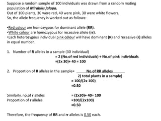 Suppose a random sample of 100 individuals was drawn from a random mating
population of Mirabilis jalapa.
Out of 100 plants, 30 were red, 40 were pink, 30 were white flowers.
So, the allele frequency is worked out as follows:
•Red colour are homozygous for dominant allele (RR).
•White colour are homozygous for recessive allele (rr).
•Each heterozygous individual pink colour will have dominant (R) and recessive (r) alleles
in equal number.
1. Number of R alleles in a sample (30 individual)
= 2 (No.of red individuals) + No.of pink individuals
=(2x 30)+ 40 = 100
2. Proportion of R alleles in the sample= No.of RR alleles
2( total plants in a sample)
= 100/(2x 100)
=0.50
Similarly, no.of r alleles = (2x30)+ 40= 100
Proportion of r alleles =100/(2x100)
=0.50
Therefore, the frequency of RR and rr alleles is 0.50 each.
 
