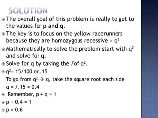  The overall goal of this problem is really to get to
  the values for p and q.
 The key is to focus on the yellow racerunners
  because they are homozygous recessive = q2
 Mathematically to solve the problem start with q2
  and solve for q.
 Solve for q by taking the √of q2.
 q2= 15/100 or .15
  To go from q2  q, take the square root each side
  q = √.15 = 0.4
 Remember, p + q = 1
 p + 0.4 = 1
 p = 0.6
 