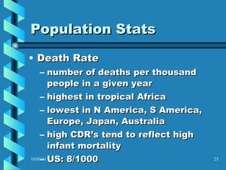 Population Stats Death Rate number of deaths per thousand people in a given year highest in tropical Africa lowest in N America, S America, Europe, Japan, Australia high CDR’s tend to reflect high infant mortality US: 8/1000 10/03/11 