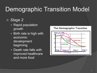 Demographic Transition Model
   Stage 2
     Rapid population
      growth
     Birth rate is high with
      economic
      development
      beginning
     Death rate falls with
      improved healthcare
      and more food


                                19
 