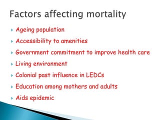    Ageing population
   Accessibility to amenities
   Government commitment to improve health care
   Living environment
   Colonial past influence in LEDCs
   Education among mothers and adults
   Aids epidemic
 