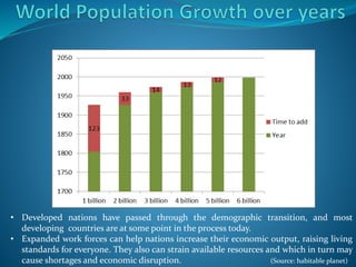 • Developed nations have passed through the demographic transition, and most
developing countries are at some point in the process today.
• Expanded work forces can help nations increase their economic output, raising living
standards for everyone. They also can strain available resources and which in turn may
cause shortages and economic disruption. (Source: habitable planet)
 