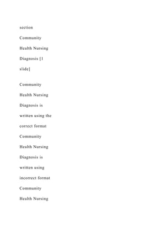 section
Community
Health Nursing
Diagnosis [1
slide]
Community
Health Nursing
Diagnosis is
written using the
correct format
Community
Health Nursing
Diagnosis is
written using
incorrect format
Community
Health Nursing
 