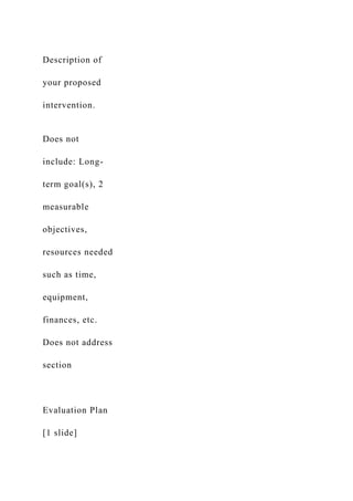 Description of
your proposed
intervention.
Does not
include: Long-
term goal(s), 2
measurable
objectives,
resources needed
such as time,
equipment,
finances, etc.
Does not address
section
Evaluation Plan
[1 slide]
 