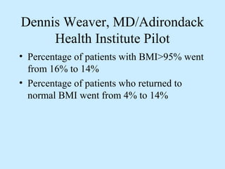 Dennis Weaver, MD/Adirondack 
Health Institute Pilot 
• Percentage of patients with BMI>95% went 
from 16% to 14% 
• Percentage of patients who returned to 
normal BMI went from 4% to 14% 
 