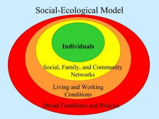 Social-Ecological Model 
Individuals 
Social, Family, and Community 
Networks 
Living and Working 
Conditions 
Broad Conditions and Policies 
 