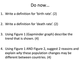 Do now…
1. Write a definition for ‘birth rate’. (2)
2. Write a definition for ‘death rate’. (2)
3. Using Figure 1 (Gapminder graph) describe the
trend that is shown. (4)
4. Using Figure 1 AND Figure 2, suggest 2 reasons and
explain why these population changes may be
different between countries. (4)
 