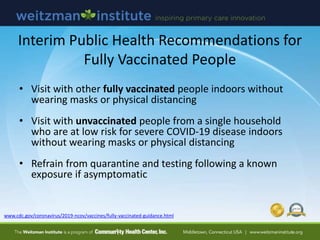• Visit with other fully vaccinated people indoors without
wearing masks or physical distancing
• Visit with unvaccinated ...
