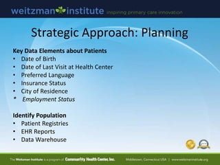 Strategic Approach: Application
Q: How many patients are 75+?
A: Depends on how you define “patient”…
– Anywhere from 1,89...