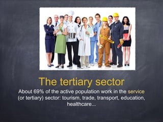 The tertiary sector

About 69% of the active population work in the service
(or tertiary) sector: tourism, trade, transport, education,
healthcare...

 