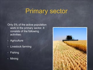 Primary sector
Only 5% of the active population
work in the primary sector. It
consists of the following
activities:
- Agriculture
- Livestock farming
- Fishing
- Mining

 