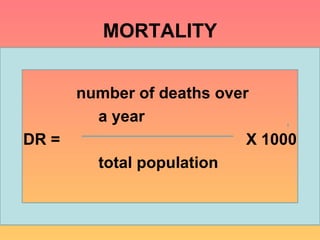MORTALITY number of deaths over a year DR =  X 1000 total population 