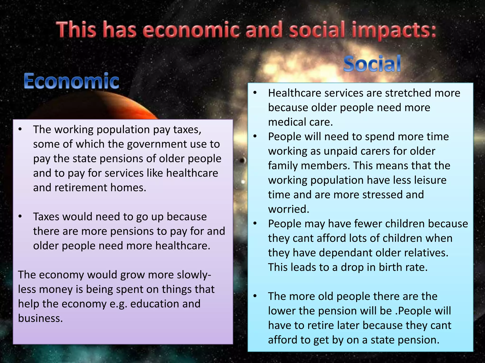 • The working population pay taxes,
some of which the government use to
pay the state pensions of older people
and to pay for services like healthcare
and retirement homes.
• Taxes would need to go up because
there are more pensions to pay for and
older people need more healthcare.
The economy would grow more slowly-
less money is being spent on things that
help the economy e.g. education and
business.
• Healthcare services are stretched more
because older people need more
medical care.
• People will need to spend more time
working as unpaid carers for older
family members. This means that the
working population have less leisure
time and are more stressed and
worried.
• People may have fewer children because
they cant afford lots of children when
they have dependant older relatives.
This leads to a drop in birth rate.
• The more old people there are the
lower the pension will be .People will
have to retire later because they cant
afford to get by on a state pension.
 