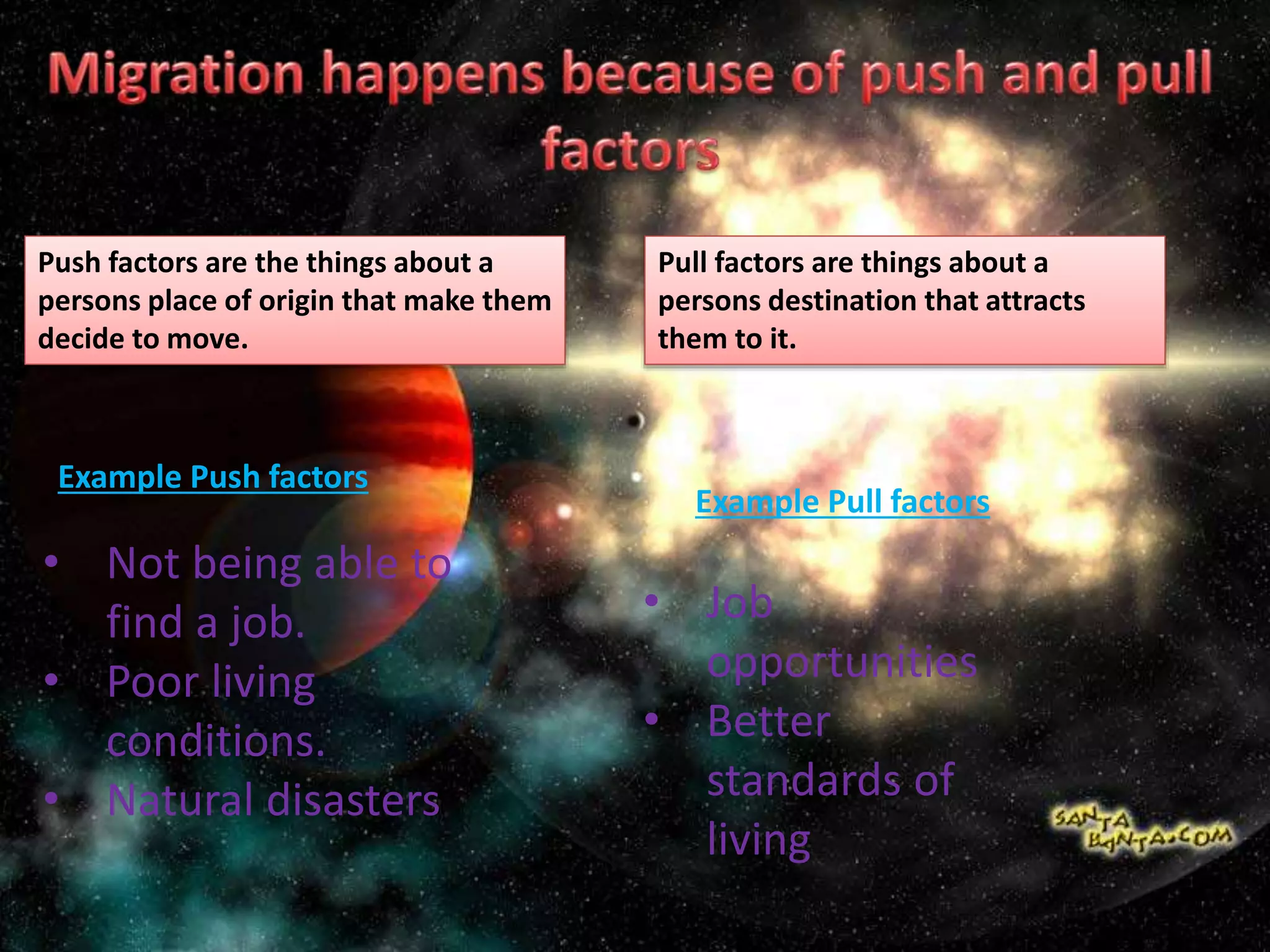 Push factors are the things about a
persons place of origin that make them
decide to move.
Pull factors are things about a
persons destination that attracts
them to it.
Example Pull factors
• Not being able to
find a job.
• Poor living
conditions.
• Natural disasters
• Job
opportunities
• Better
standards of
living
Example Push factors
 