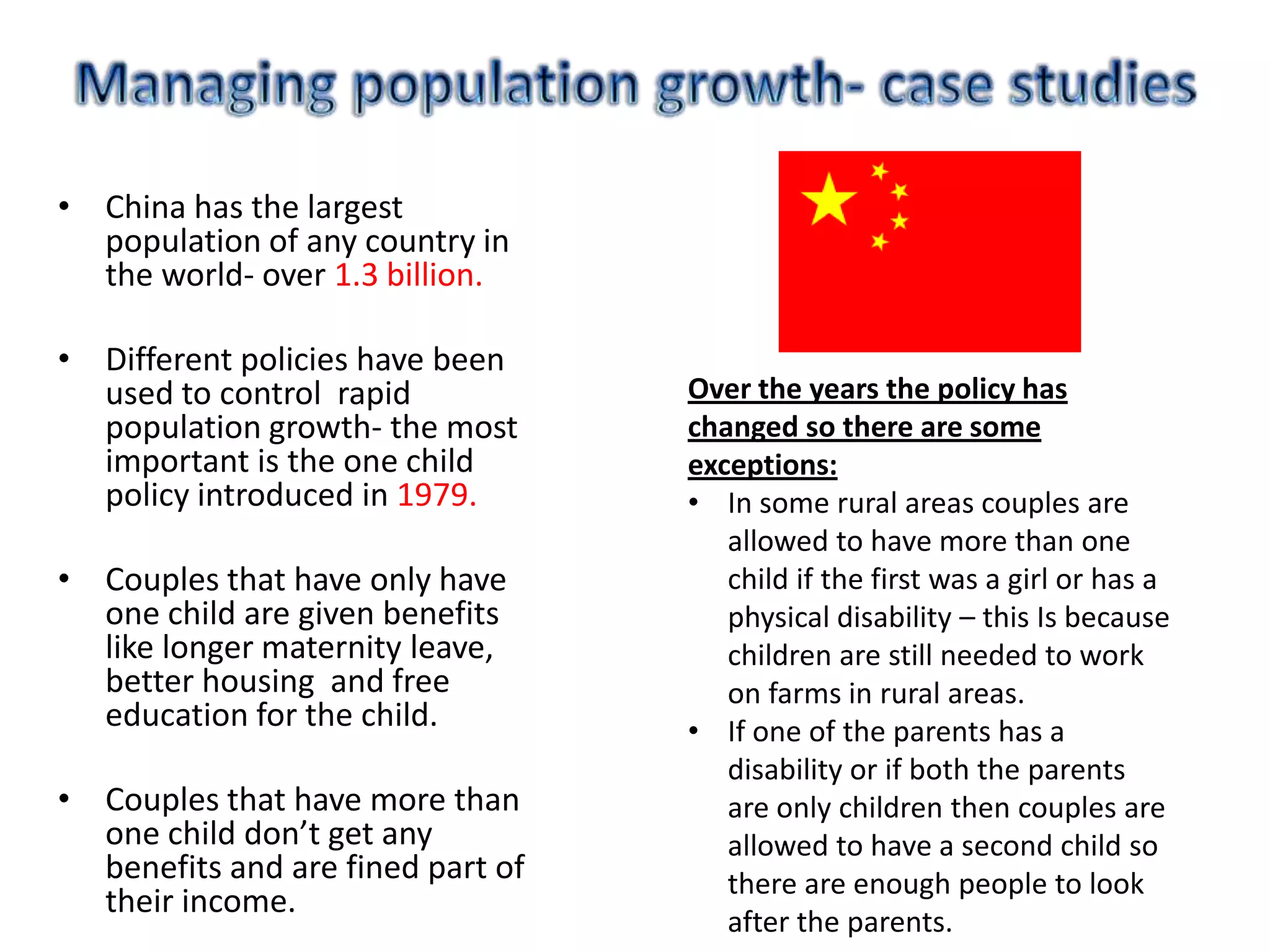 Population structure- life expectancy has increased but there are still more young people than older people.Stage 3Birth rate is rapidly falling due to the emancipation of women and better education.