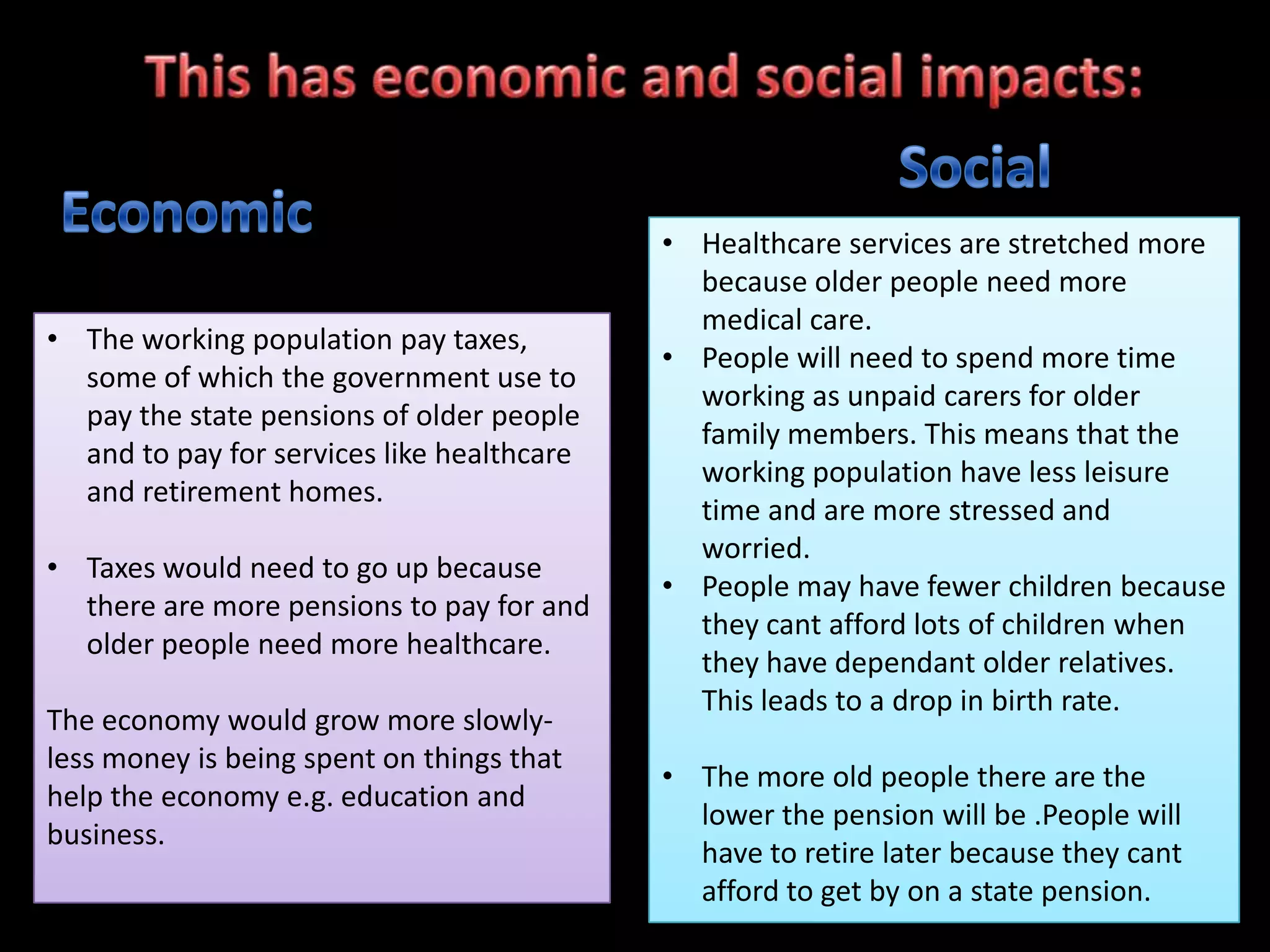 Population structure- more people are living to be olderStage 4Birth rate is low- people move to urban areas , their wealth improves and they want more possessions. This means there is less  money available for having children.
