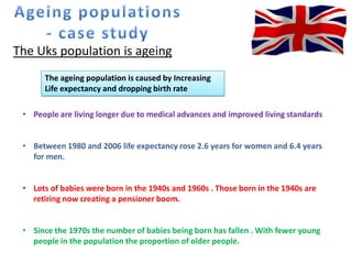Population structure- life expectancy is high, so even more people are living to be older.