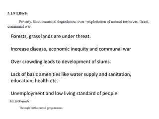 Forests, grass lands are under threat.
Increase disease, economic inequity and communal war
Over crowding leads to development of slums.
Lack of basic amenities like water supply and sanitation,
education, health etc.
Unemployment and low living standard of people
 