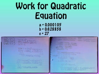 Work for Quadratic
    Equation
      a = 0.000105
      b = 0.628858
      c = 27
 