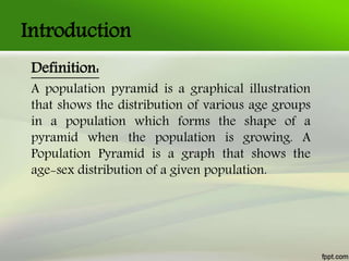 Introduction
Definition:
A population pyramid is a graphical illustration
that shows the distribution of various age groups
in a population which forms the shape of a
pyramid when the population is growing. A
Population Pyramid is a graph that shows the
age-sex distribution of a given population.
 