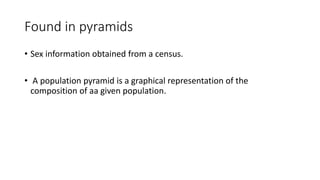 Found in pyramids
• Sex information obtained from a census.
• A population pyramid is a graphical representation of the
composition of aa given population.
 