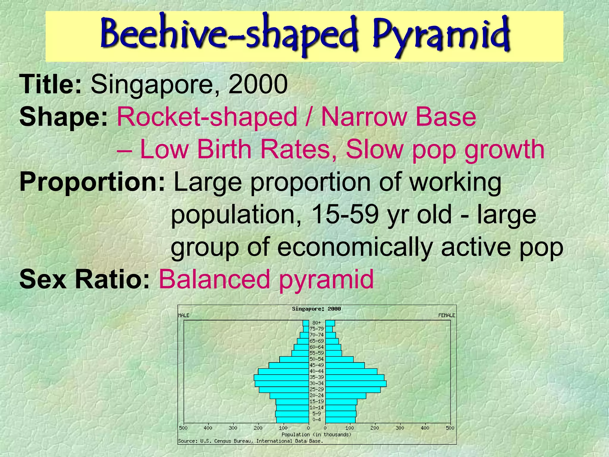 Beehive-shaped Pyramid
Title: Singapore, 2000
Shape: Rocket-shaped / Narrow Base
         – Low Birth Rates, Slow pop growth
Proportion: Large proportion of working
             population, 15-59 yr old - large
             group of economically active pop
Sex Ratio: Balanced pyramid
 