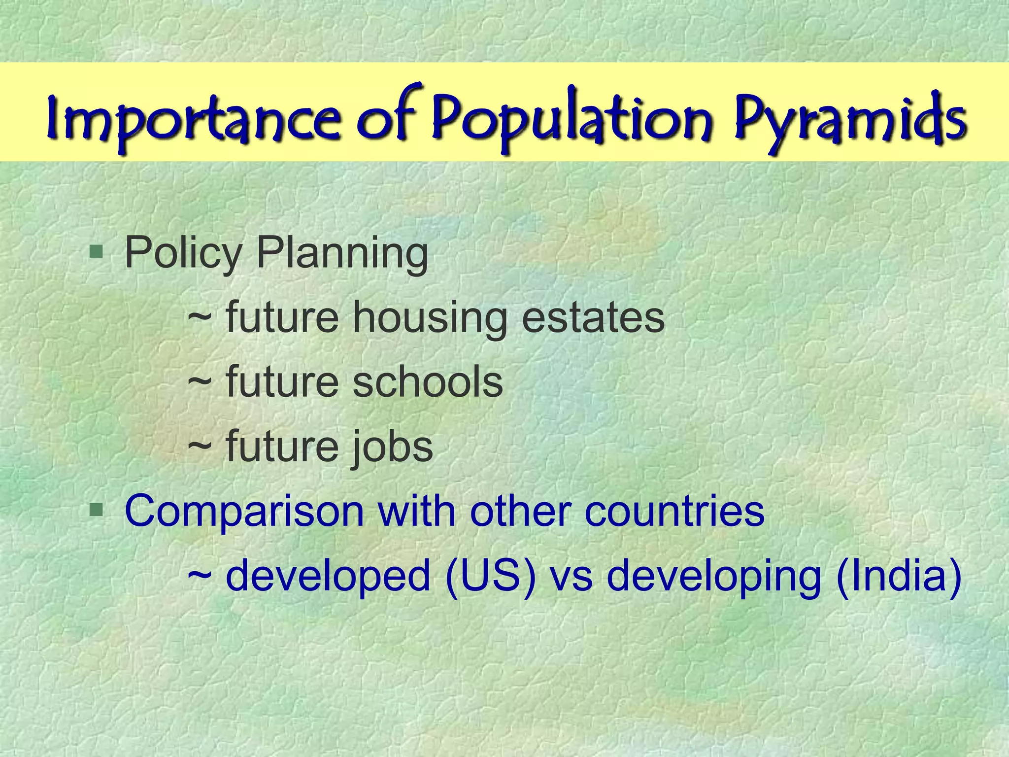 Importance of Population Pyramids

  Policy Planning
      ~ future housing estates
      ~ future schools
      ~ future jobs
  Comparison with other countries
      ~ developed (US) vs developing (India)
 
