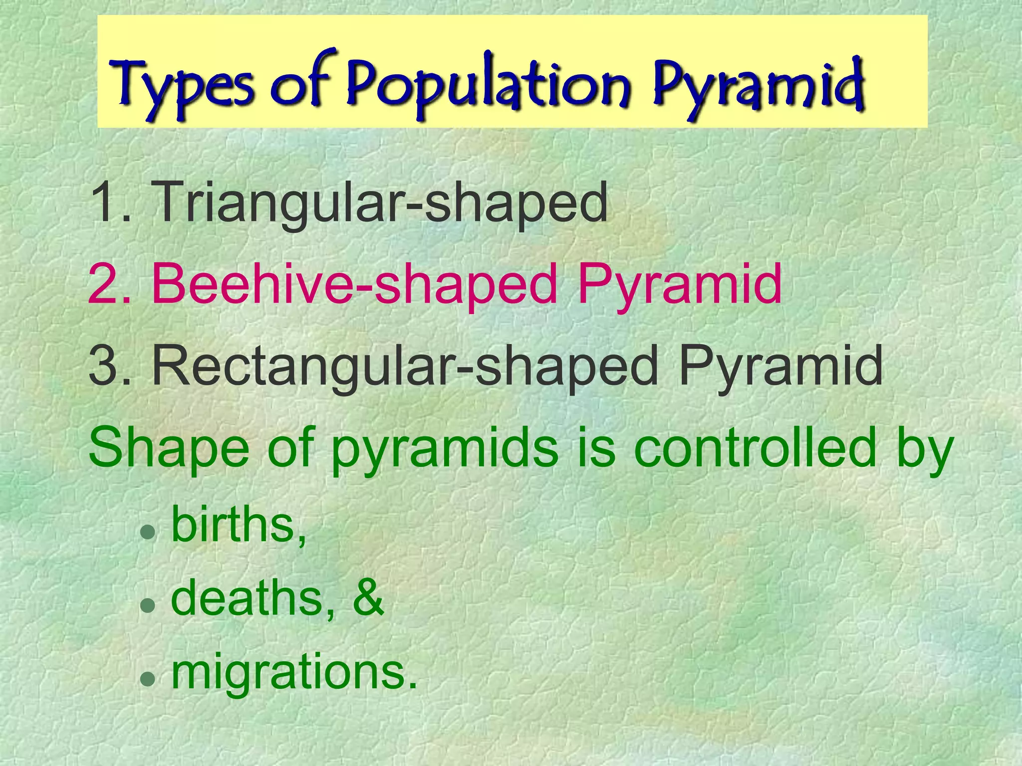 Types of Population Pyramid
1. Triangular-shaped
2. Beehive-shaped Pyramid
3. Rectangular-shaped Pyramid
Shape of pyramids is controlled by
   births,
   deaths, &

   migrations.
 