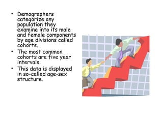• Demographers
categorize any
population they
examine into its male
and female components
by age divisions called
cohorts.
• The most common
cohorts are five year
intervals.
• This data is displayed
in so-called age-sex
structure.
 