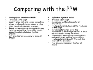 Comparing with the PPM
• Demographic Transition Model
• drawn as a line graph
• doesn't show male and female populations
• shows total population as a separate line
• gives details of countries in stages
• shows the relationship between birth and
death rates and how these affect total
population obviously (using the line
graphs)
• only one diagram necessary to show all
stages
• Population Pyramid Model
• drawn as a bar graph
• shows male and female population
proportions
• total population is shown as the total area
of the graph
• shows greater detail about the
populations at each stage (amount in each
age and gender at any one time)
• shows direct relationship between birth
and death rates and how these affect
total population indirectly (through the
shape of the diagrams)
• four diagrams necessary to show all
stages
 