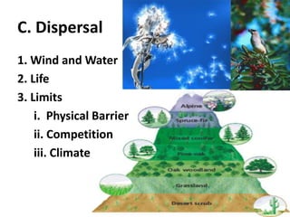 C. Dispersal1. Wind and Water2. Life3. Limitsi.  Physical Barrierii. Competitioniii. Climate
