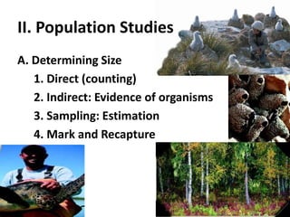 II. Population StudiesA. Determining Size	1. Direct (counting)2. Indirect: Evidence of organisms3. Sampling: Estimation4. Mark and Recapture