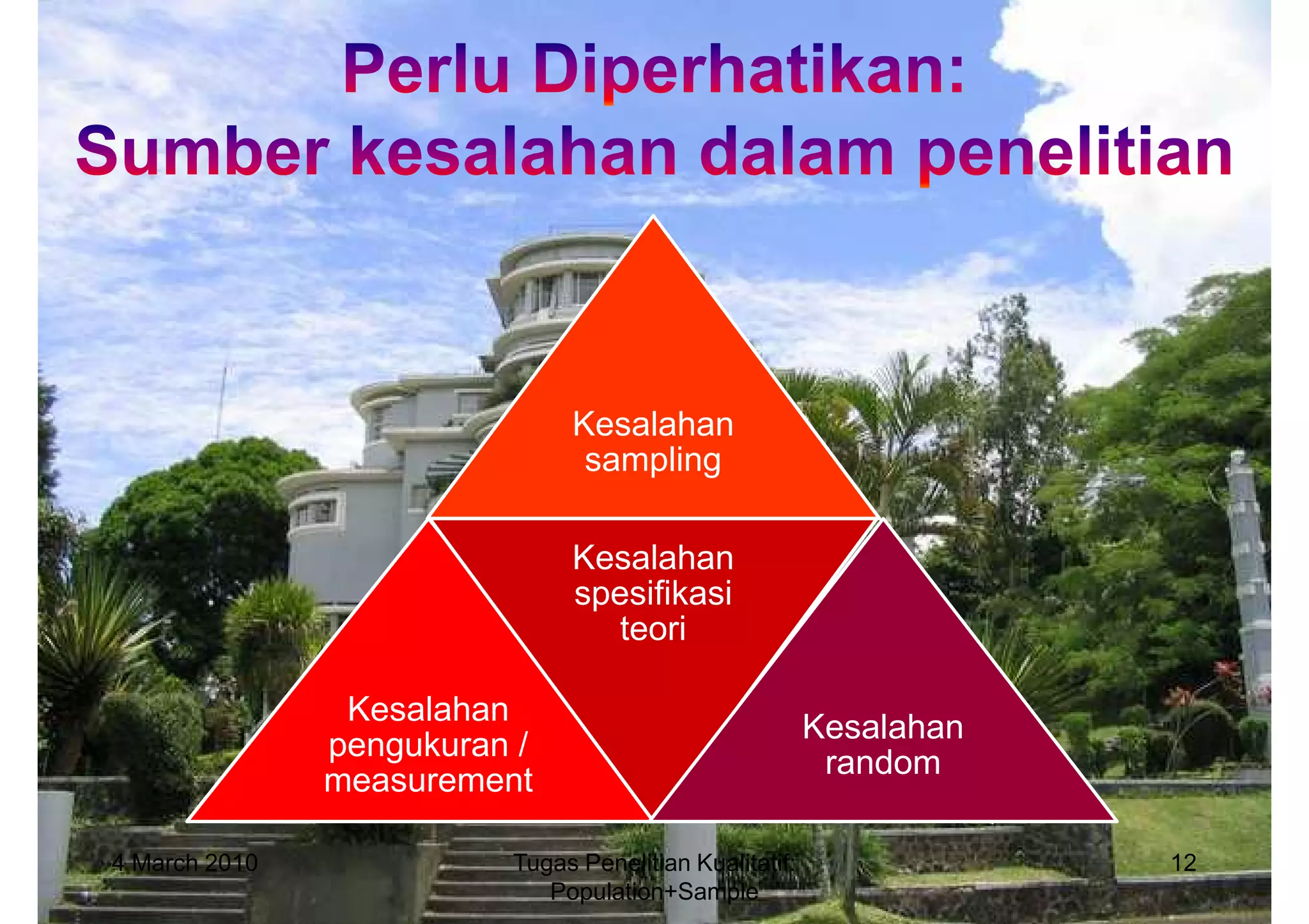 Kesalahan
                               sampling

                              Kesalahan
                              spesifikasi
                                teori

                Kesalahan
                                                        Kesalahan
               pengukuran /
                                                         random
               measurement

4 March 2010             Tugas Penelitian Kualitatif:               12
                            Population+Sample
 