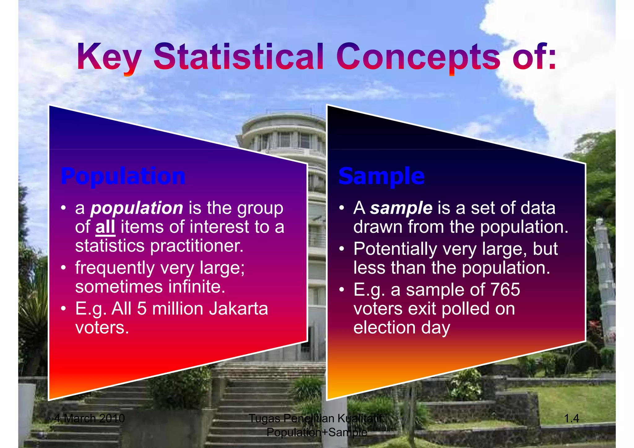 Population                                 Sample
• a population is the group                • A sample is a set of data
  of all items of interest to a              drawn from the population.
  statistics practitioner.                 • Potentially very large, but
• frequently very large;                     less than the population.
  sometimes infinite.                      • E.g. a sample of 765
• E.g. All 5 million Jakarta                 voters exit polled on
  voters.                                    election day



4 March 2010             Tugas Penelitian Kualitatif:                  1.4
                            Population+Sample
 