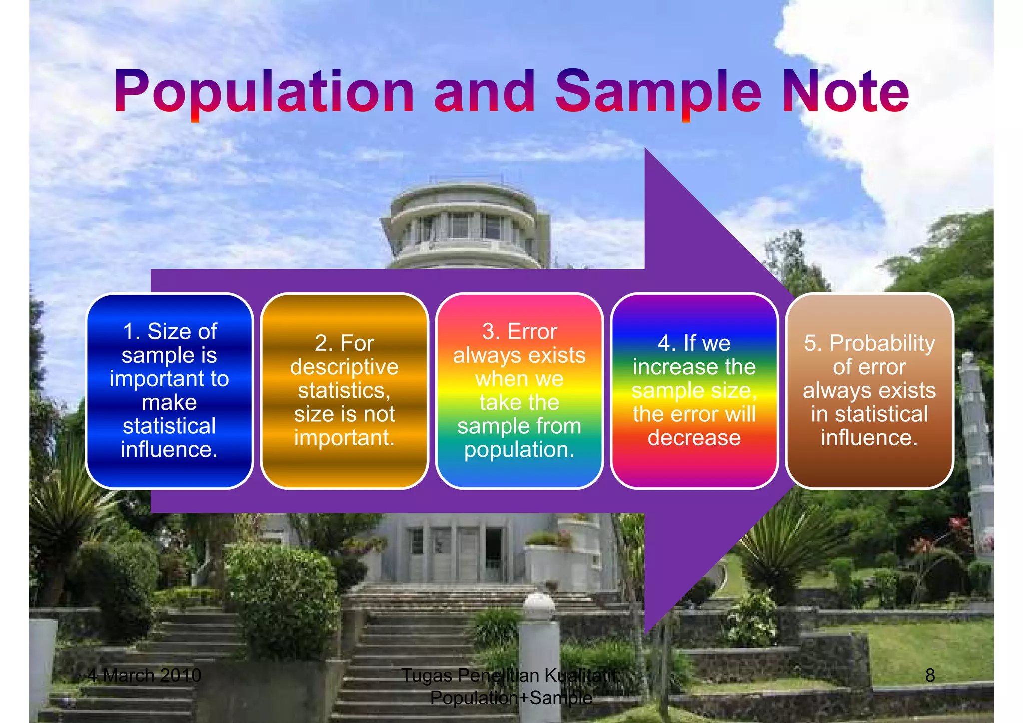 1. Size of                            3. Error
                    2. For                                        4. If we      5. Probability
   sample is                          always exists
                 descriptive                                   increase the         of error
  important to                          when we
                  statistics,                                  sample size,     always exists
      make                               take the
                 size is not                                   the error will    in statistical
   statistical                        sample from
                 important.                                      decrease         influence.
   influence.                          population.




4 March 2010                    Tugas Penelitian Kualitatif:                                 8
                                   Population+Sample
 