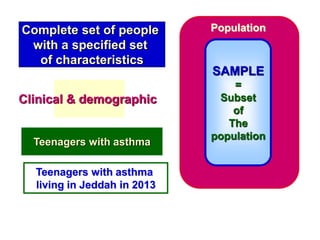 Complete set of people
with a specified set
of characteristics
SAMPLE
=
Subset
of
The
population
Clinical & demographic
Teenagers with asthma
Teenagers with asthma
living in Jeddah in 2013
Population
 