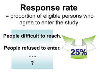 Response rate
= proportion of eligible persons who
agree to enter the study.
People difficult to reach.
People refused to enter.
…..
?
25%
 