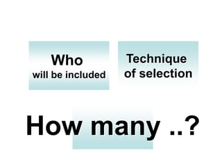 Who
will be included
Technique
of selection
How many ..?
 