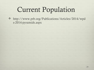 Current Population
 http://www.prb.org/Publications/Articles/2014/wpd
s-2014-pyramids.aspx
29
 