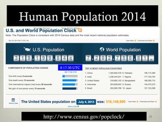 Human Population 2014
31http://www.census.gov/popclock/
8:17:30 UTC
 