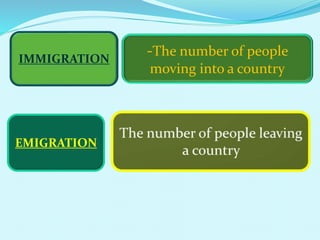 -The number of people
moving into a country
IMMIGRATION
EMIGRATION
 