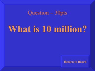 Question – 30pts What is 10 million? Return to Board 