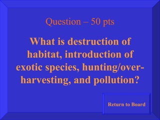 Question – 50 pts What is destruction of habitat, introduction of exotic species, hunting/over-harvesting, and pollution? Return to Board 