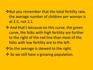 But you remember that the total fertility rate,
the average number of children per woman is
at 2.5, not 2.1.
 And that’s because on this curve, the green
curve, the folks with high fertility are further
to the right of the red line than most of the
folks with low fertility are to the left.
So the average is skewed to the right.
 So we still have a growing population.
 
