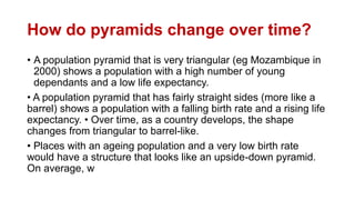 How do pyramids change over time?
• A population pyramid that is very triangular (eg Mozambique in
2000) shows a population with a high number of young
dependants and a low life expectancy.
• A population pyramid that has fairly straight sides (more like a
barrel) shows a population with a falling birth rate and a rising life
expectancy. • Over time, as a country develops, the shape
changes from triangular to barrel-like.
• Places with an ageing population and a very low birth rate
would have a structure that looks like an upside-down pyramid.
On average, w
 
